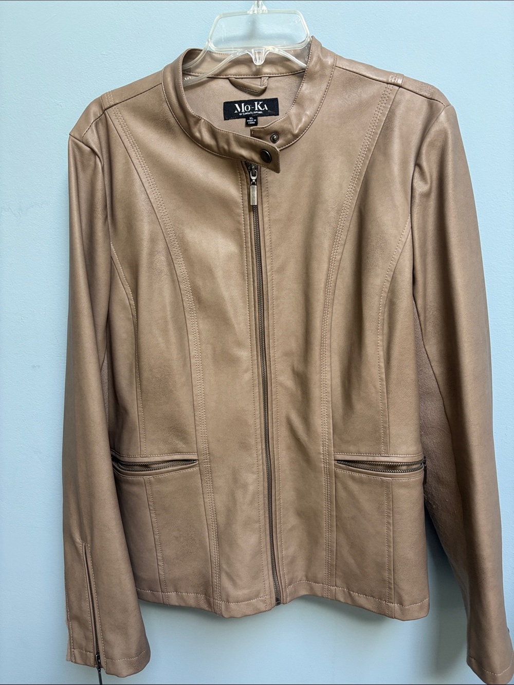 Mo-Ka by Santa Fe Apparel Faux Leather Moto Jacket XL Taupe Zip Front